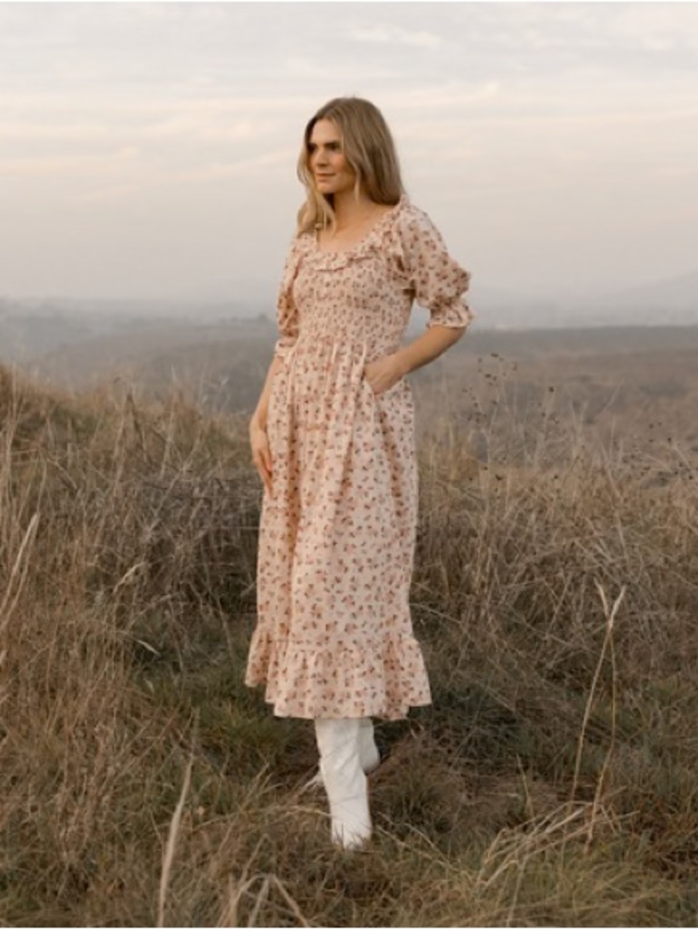 Smocked Floral Midi Dress in Blush Pink